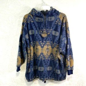 FRENCH COUNTRY Fleece Hoodie Aztec Sweater 1/4 Zip Womens‎ L Blue Warm Oversized